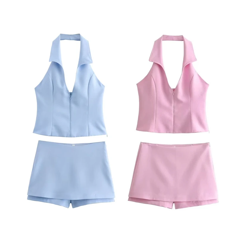 2024 Women\'s Set New Fashion Halterneck Slim Chic Women Suspenders Summer Ladies Mini Hakama Skirts Casual Women\'s Set