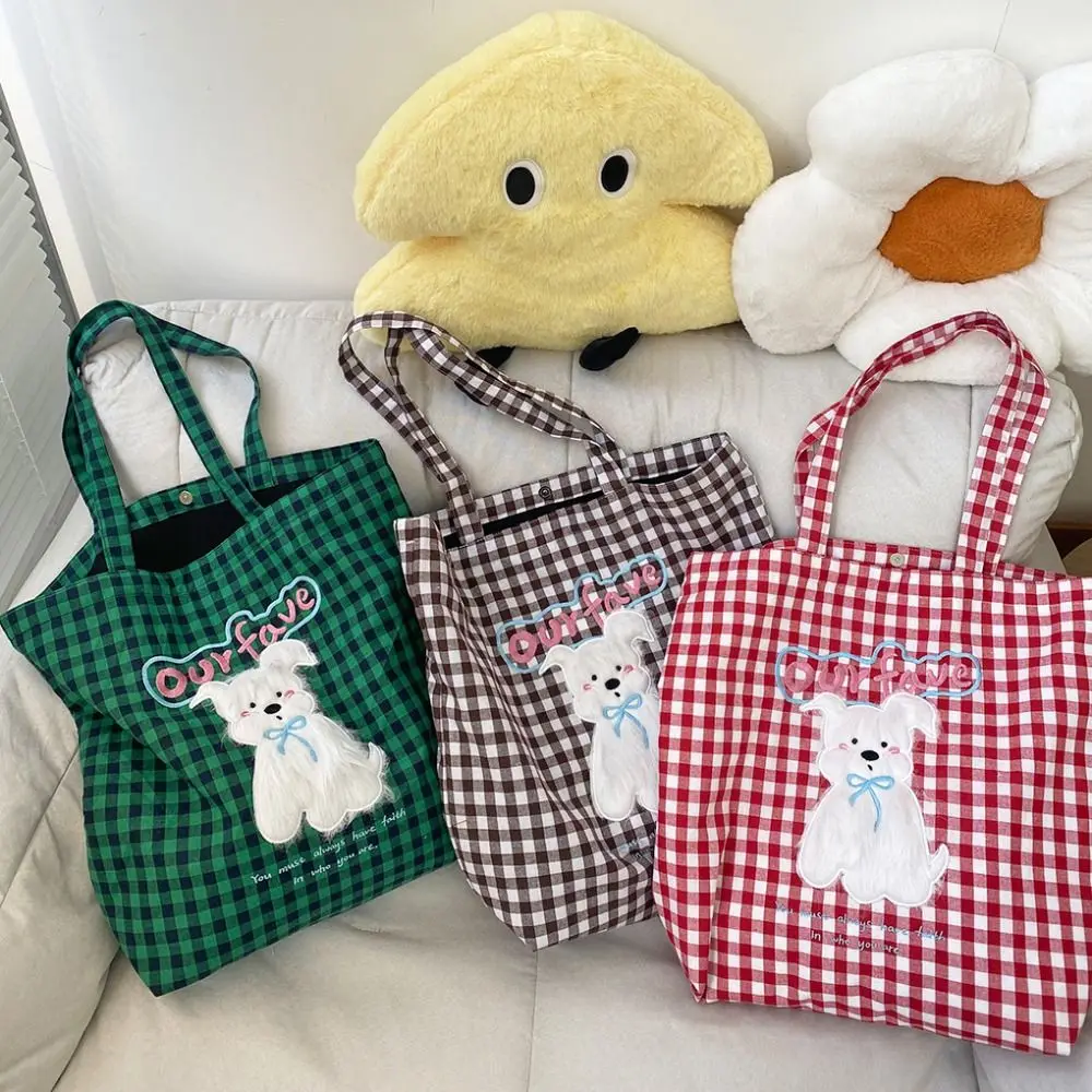 

Portable Casual Shoulder Bags Canvas Large Capacity Handbags Cartoon Plaid Tote Bag