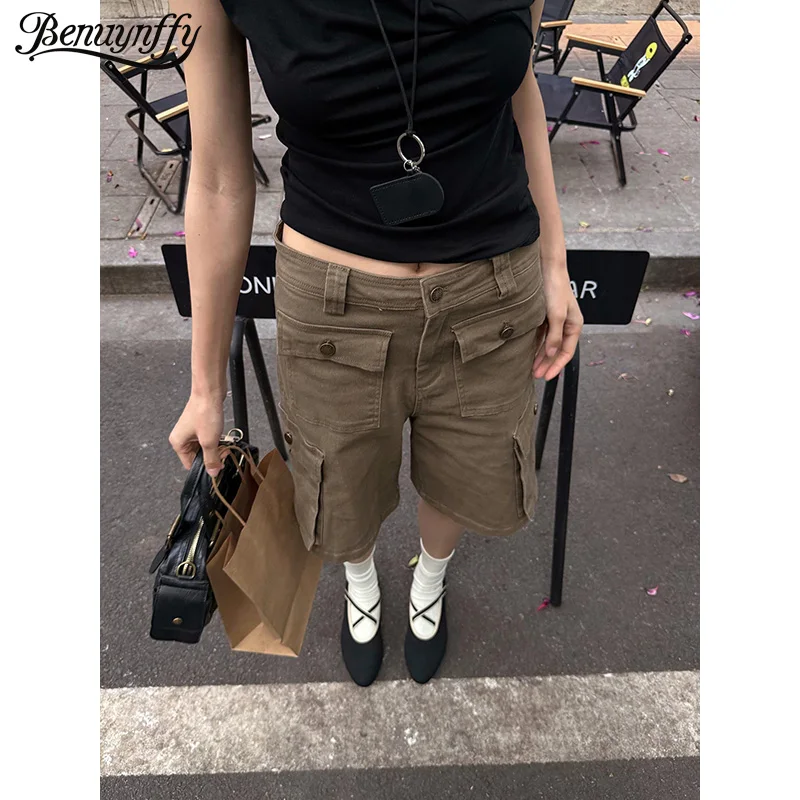 

Benuynffy American Retro Loose Cargo Shorts Women 2026 Summer New High Waist Multi-pocket Casual Streetwear Wide Leg Half Pants