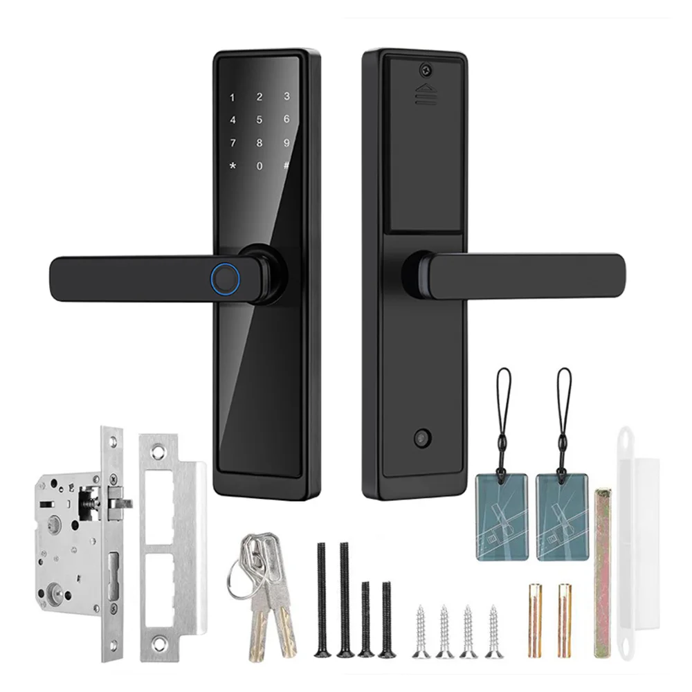 WAFU Tuya WiFi Smart Door Lock Keyless Entry Door Lock Handle w/ Cards and Keys Biometric for 30-100mm Office Home Bedroom Door