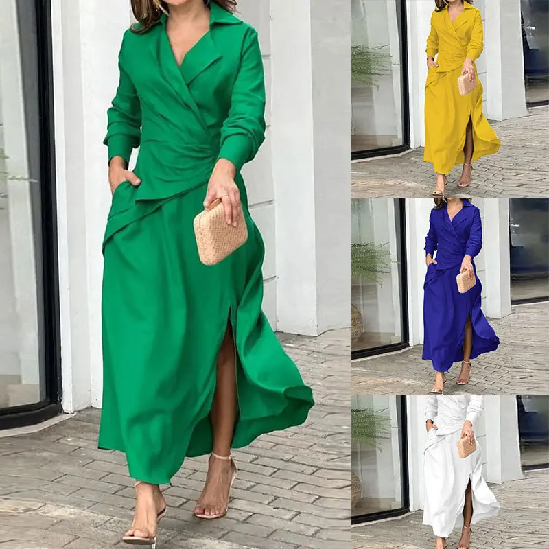 

Women's Dresses New Long Skirt Temperament Solid Color Overlapping V-neck Slit Long Sleeve Dress