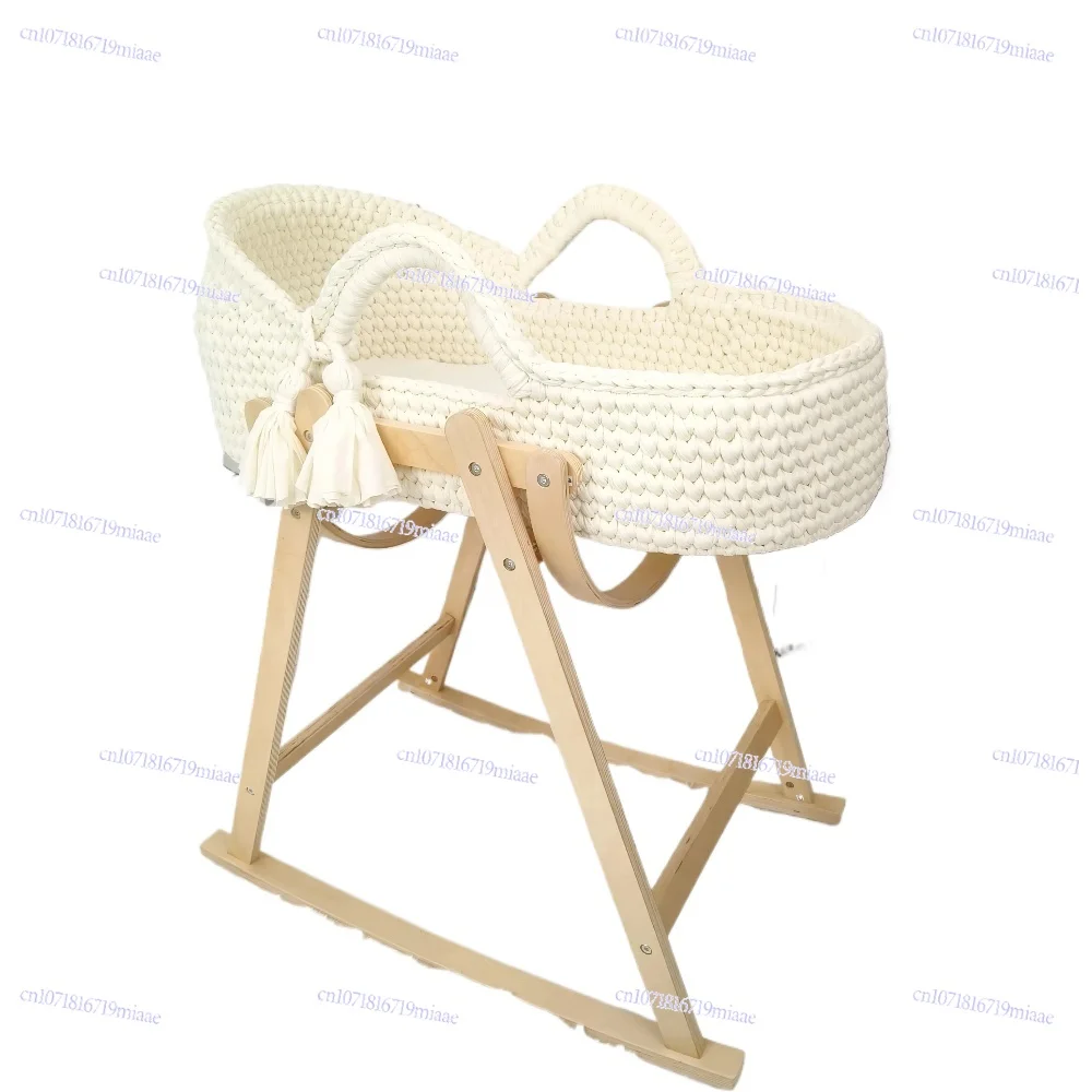 

2025 Baby Cradle Handwoven Beige Crochet Bassinet Portable Moses Basket Newborn Lounger with Wooden Stand and Soft Mattress