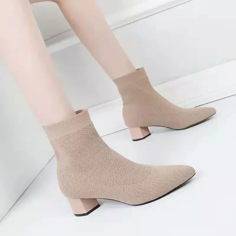 Woman Knitted Ankle Boots 2023 Autumn Winter Women‘s Casual Low Heel Pumps Ladies Outside Shoes Female Casual Chelsea Boots