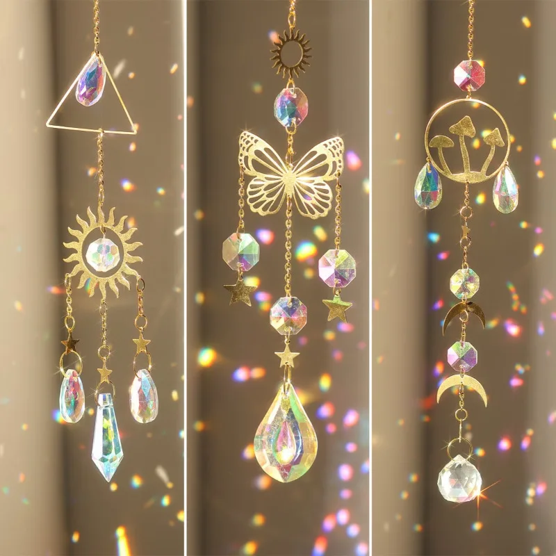 New Crystal Suncatcher Hanging Ornament - Sun, Moon, Stars & Flame Prism Decor for Window, Garden, Home - Rainbow Light Catcher