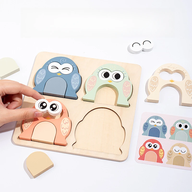 Owl Tangram Montessori Puzzles Toys Face Change Expression Shape Matching Games Intelligence Educational Wooden Toys for Kids