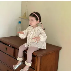 Korean Children's Clothing 2025 Spring New Style Girls' Floral Cute Rabbit Shirt Baby Girl Doll Collar Shirt Top