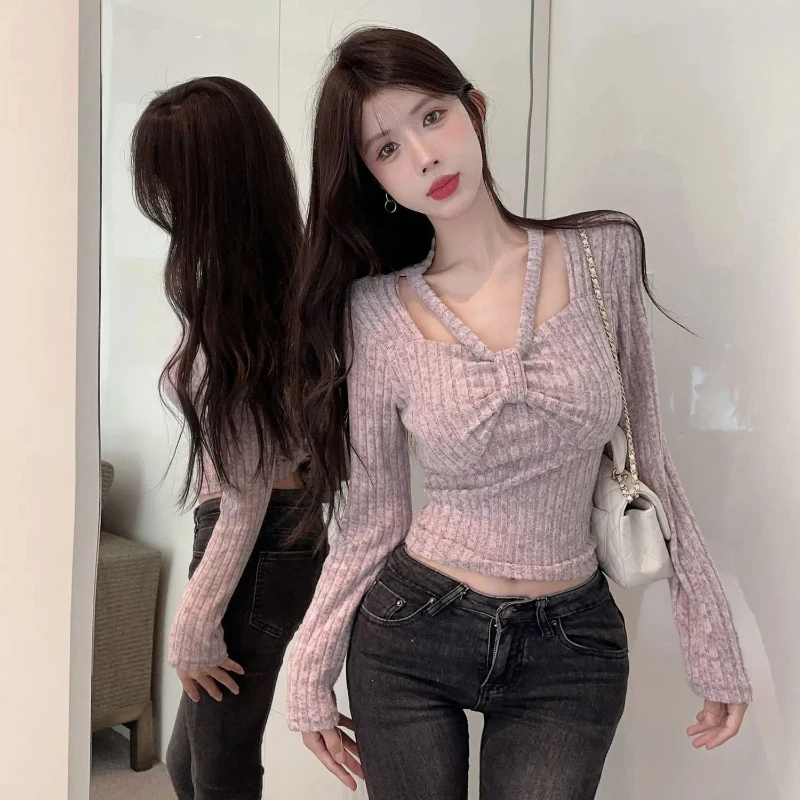 

Sweet and Spicy Base Knit Sweater with T-shirt Inside Women's Short Style Slimming Bow Long Sleeved Neck Hanging Top
