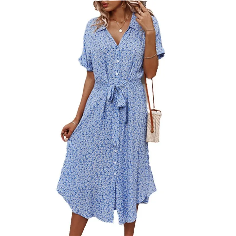 

Spring and Summer Women's Casual Vacation Style Large Pose Printed Belt Fashionable Button V-neck Mid-length Dress