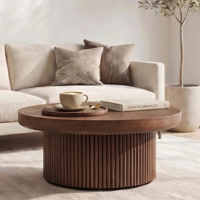 Medieval-style Modern Round Cocktail Table, 33.5-inch Round Recessed Coffee Table, Premium Solid Wood Parquet Top, Cylindrical Base, Thickened Tabletop, Suitable for Living Rooms and Small Spaces, Walnut Color.