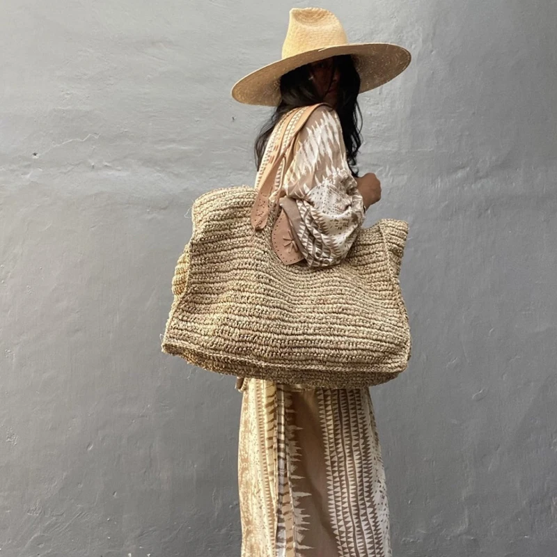 Raffia Straw Bag For Summer Seaside Holiday Travel Beach Bags Women Tropical Leather Hangbag Crochet Large ToteBag Reticule Chic