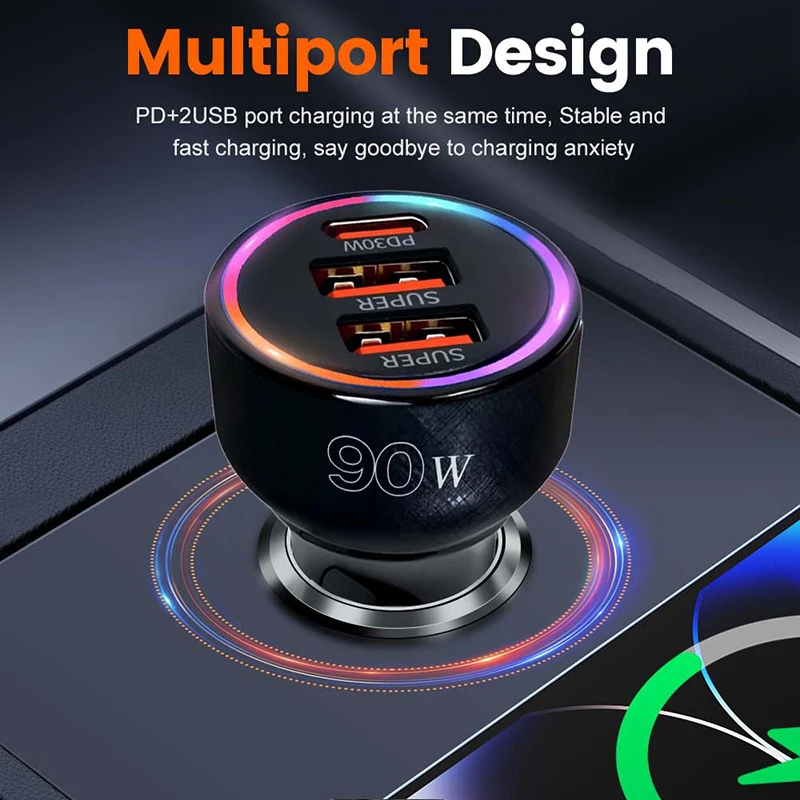 90W High Power Car Charger with Multi-Color LED Light, 3-Port Multiport Fast Charging PD 30W Type C For 12-24V Auto Vehicles