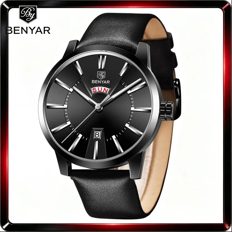 BENYAR 5101 Men Quartz Watch Luxury Business Wristwatch, Genuine Leather Strap Waterproof Male Fashion Dress Watch