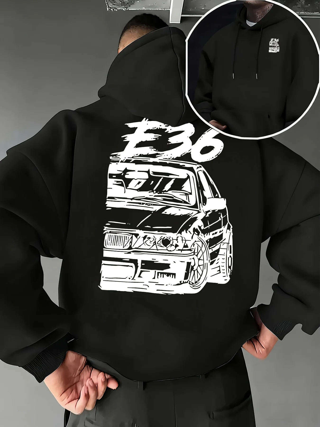 Men E36 Car Hoodie Hip Hop Sport Vintage JDM Car Print Oversized Black Streetwear Pullover Sweatshirt with Front Pocket