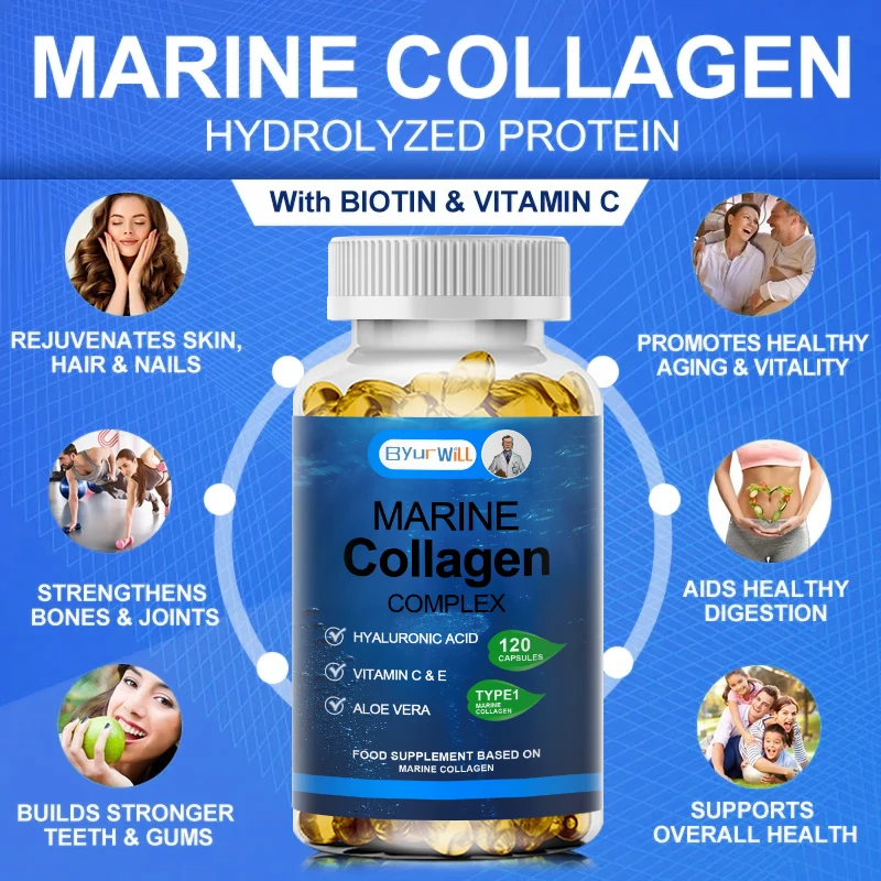 Marine Collagen Capsules with Hyaluronic Acid, Vitamin C & E - Preserve Beauty Firm Skin, Strong Nails & Hair, Healthy Joints