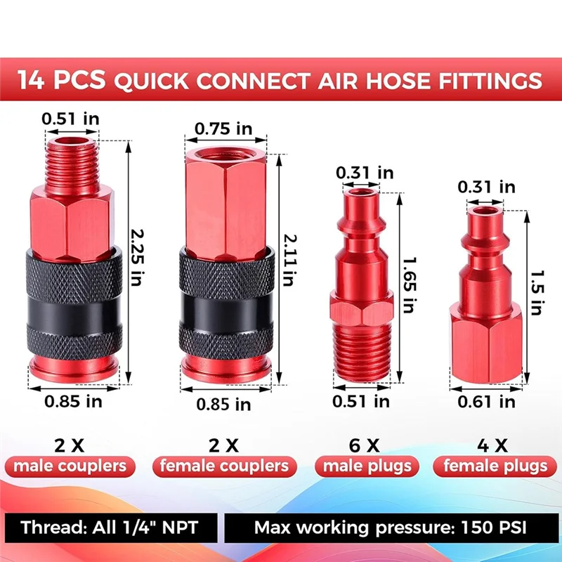 Fresh Quick Connect Luftschlauchanschlüsse, 1/4" NPT Aluminium-Kupplung und Stecker-Set (14 Stück)