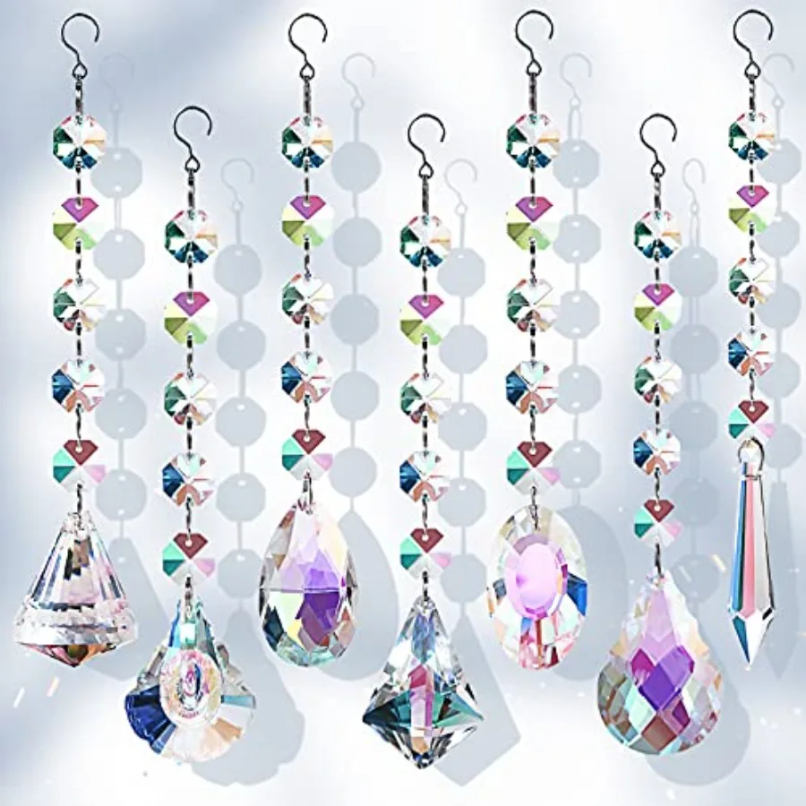 Sun Catchers with Crystals, 7 Pcs Hanging Crystals Suncatchers for Windows, Colored Suncatchers Prisms Glass Pendant for Chande
