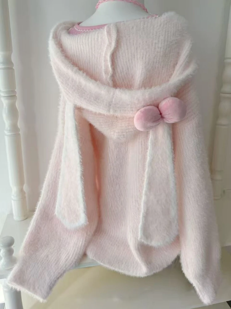 Sweet Kawaii Harajuku Women Rabbit Ear Hooded Knit Cardigan Oversized Loose Fit Bow Decor Removable Pom Pom Casual School Outfit
