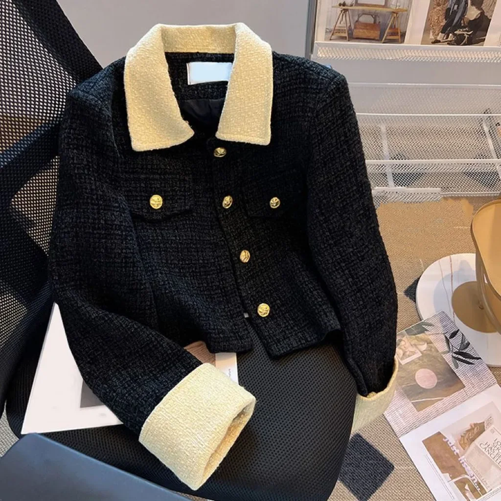 Coat Girls Autumn Season New Turn Down Collar Coat Korean Metal Color Matching Woolen Cloth Button Outerwear Simple