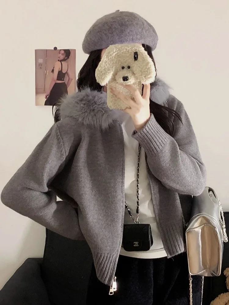 معطف محبوك بقلنسوة للخريف والشتاء، سترة نسائية كاجوال نحيفة محبوكة مفتوحة مع ياقة من الفرو