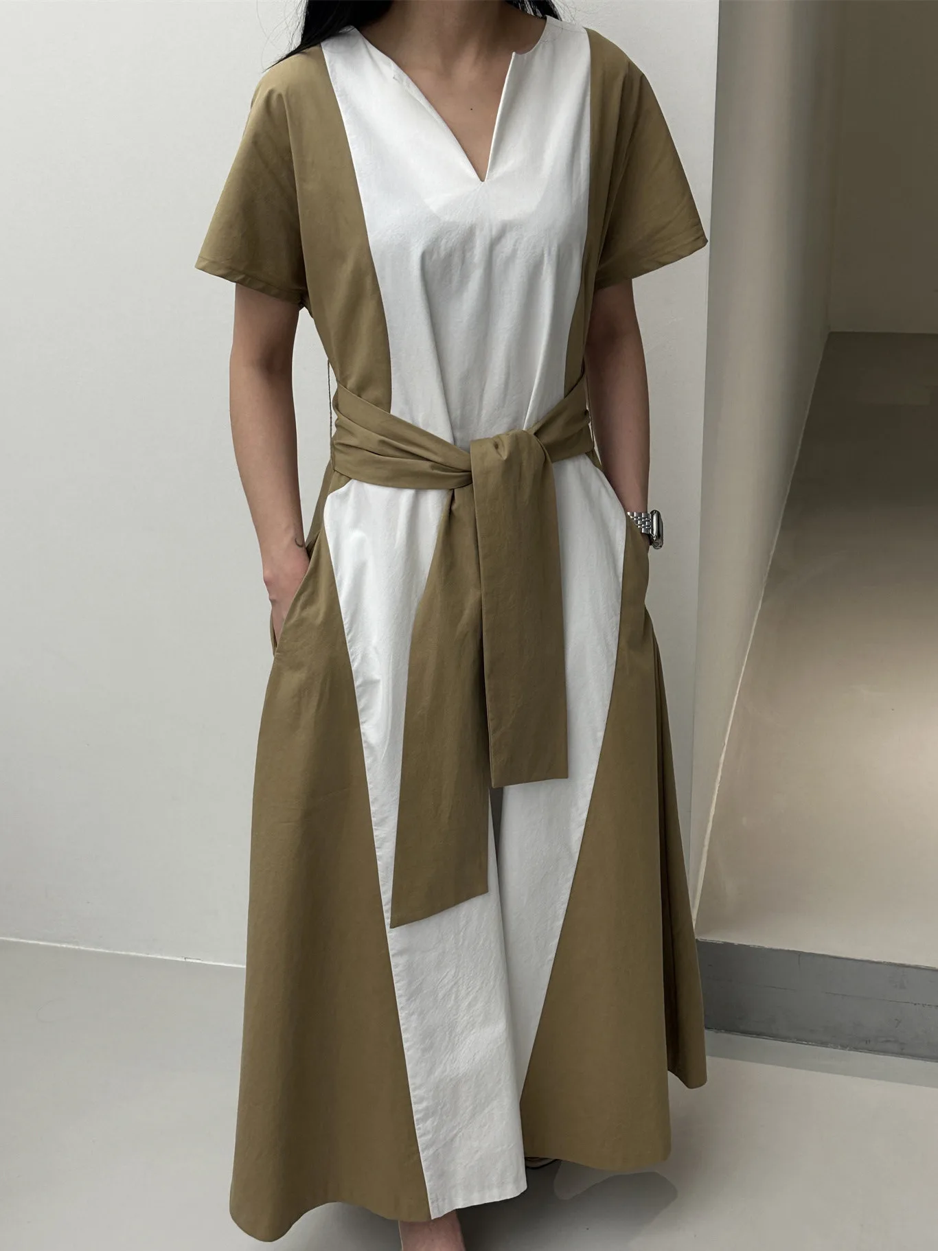 Chic V-Neck Long Dress Women's Spring Autumn Fashion Color Block Belted Korean Style Casual Wear for Various Occasions
