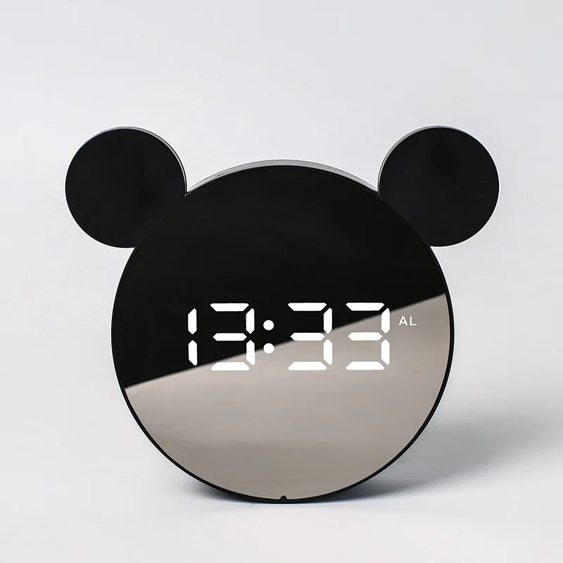 Mouse Ear Shaped Led Digital Alarm Clock Home Bedroom Desktop Electronic Clock Mirror Bedside Wake Up Clock For Kids