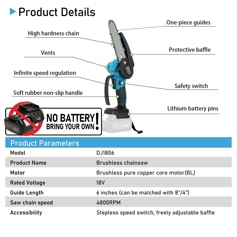 Snuok 6 Polegada sem escova motosserra portátil batteryless 4800rpm sem fio carpintaria serra portátil para makita 18v bateria de lítio