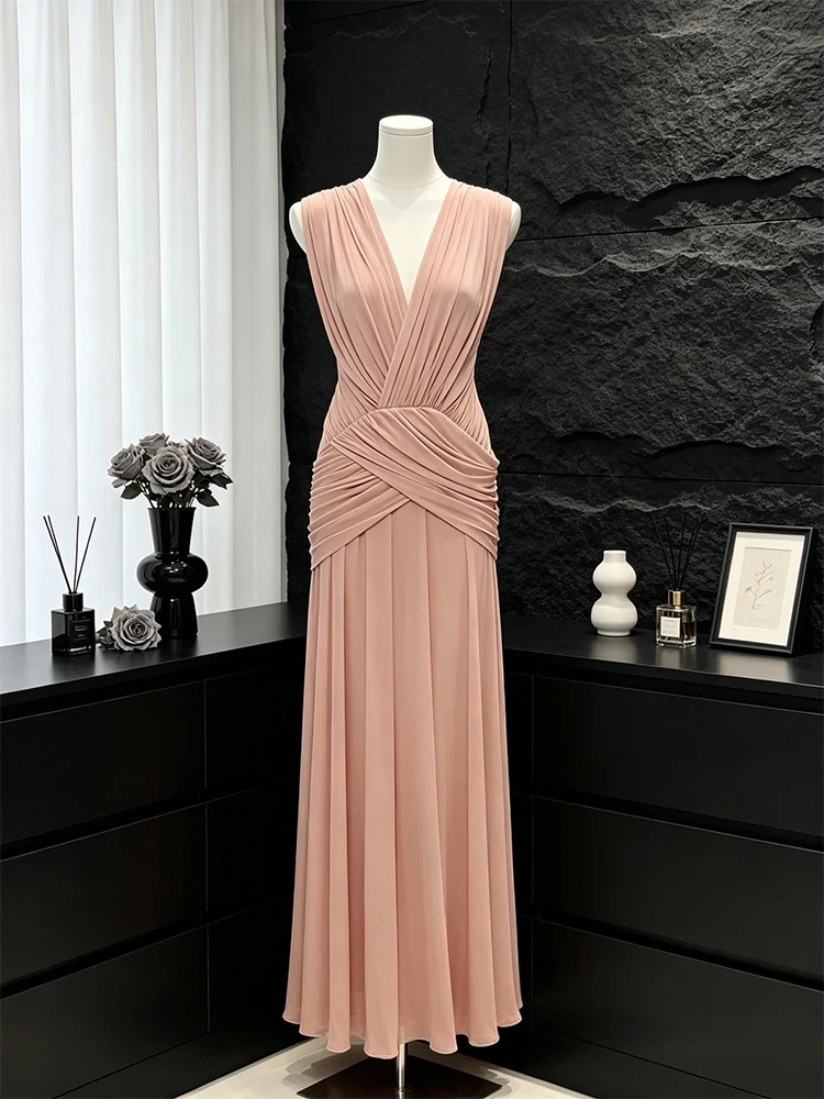 

Elegant Slimming Deep V-Neck Pleated Dress Women's High-End Fashion Long Dress Stylish Midi Dress Polished Evening Gown
