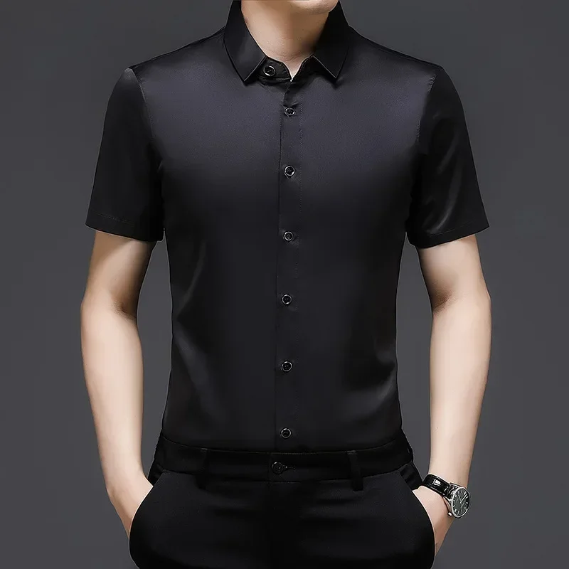 Summer Men's Lapel Single Breasted Button Solid Color Short Sleeved Shirts Cardigan Fashion Casual Office Lady Formal Tops