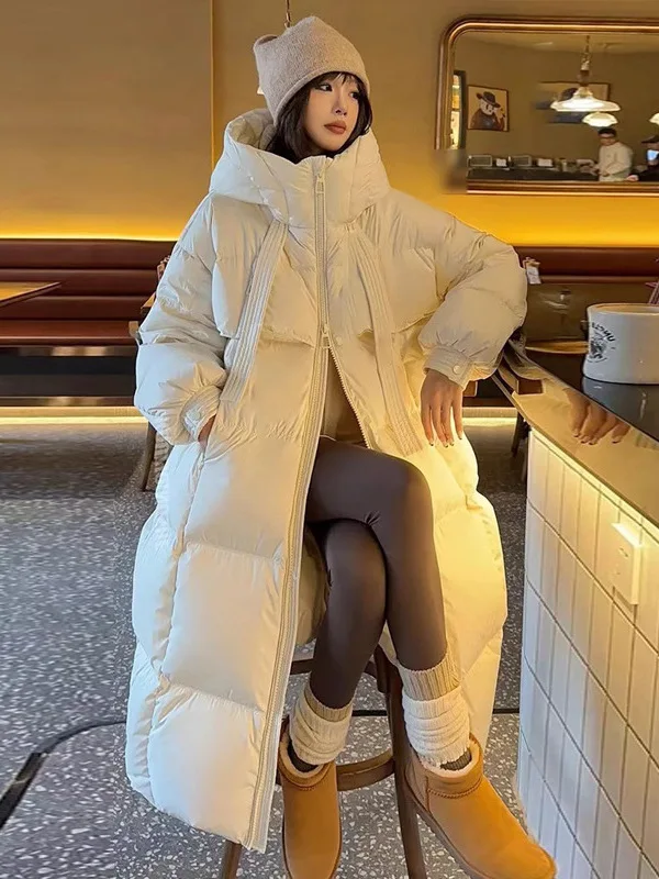 Women's Long over Knee Thiened down Cotton Jaet Bread Sle Winter New Faion Loose Fit Ultra ort Pure Color Coat
