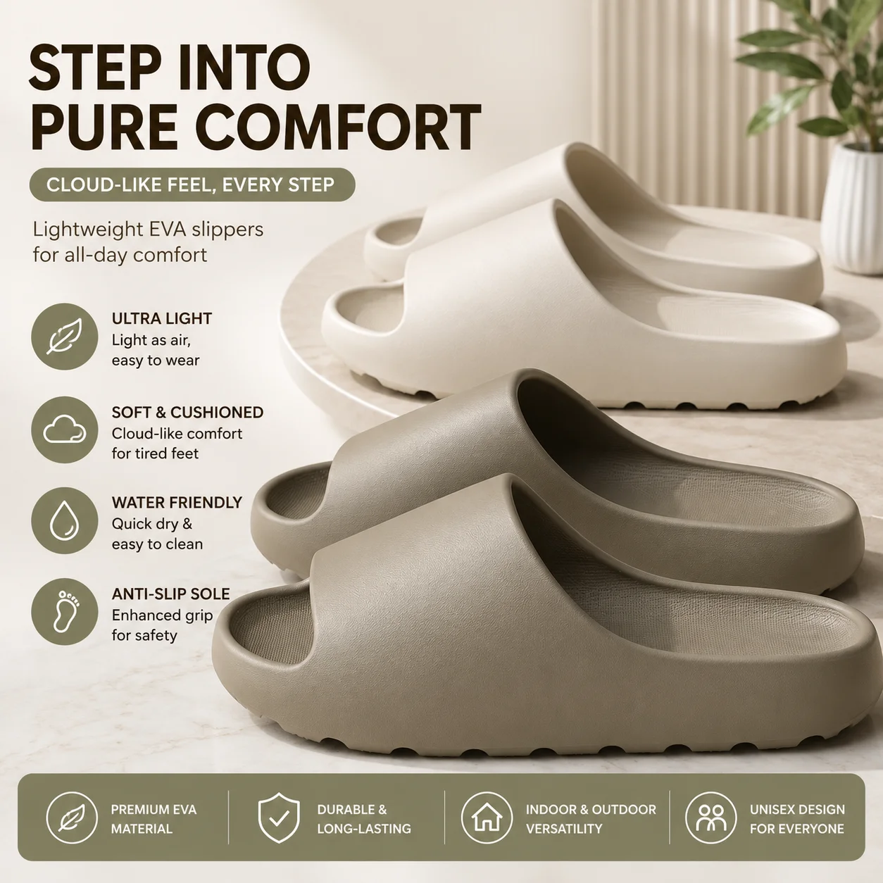 EVA Anti-Slip Men's Slippers Home Thick Bottom Slippers Comfortable Lightweight Indoor Outdoor House Slippers