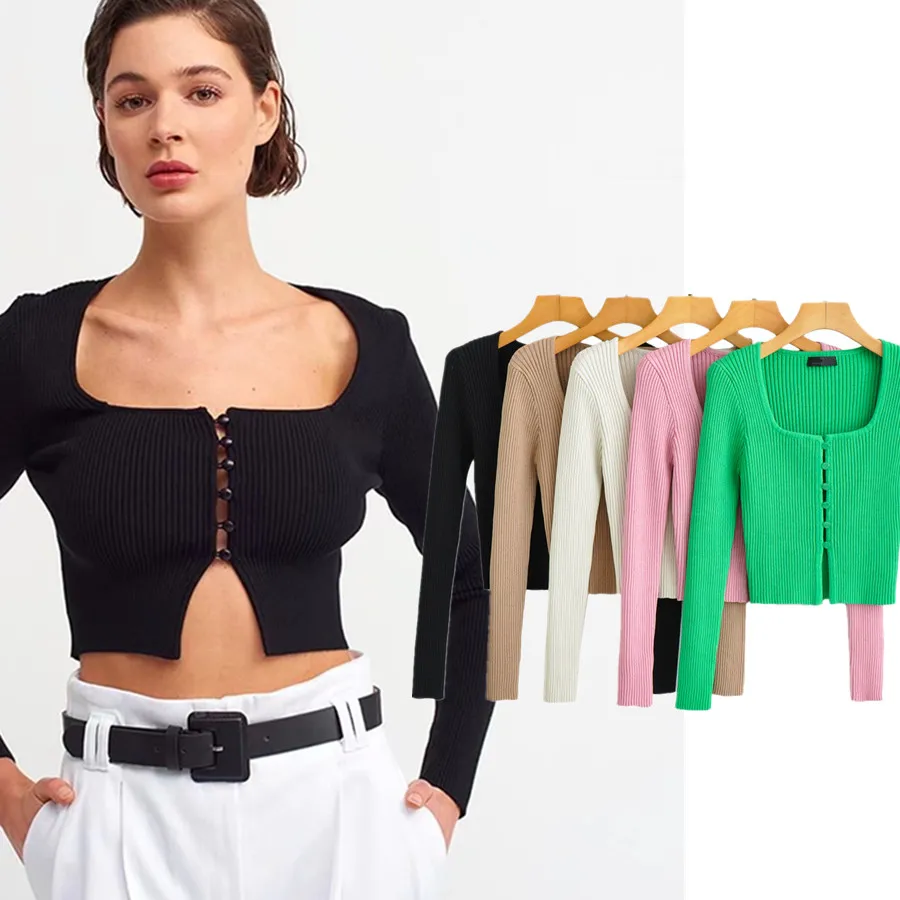 Dave&Di 2024 Knitted Colorful Sexy Short Cardigans Women England Style High Street Retro Square Collar Single Breasted Crop Tops