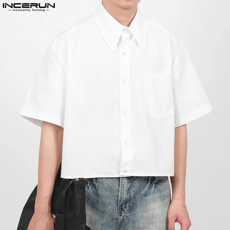 INCERUN Men's Shirts Solid Color Lapel Short Sleeve Pockets Button Male Crop Tops Streetwear Summer Loose Fashion Men Clothing