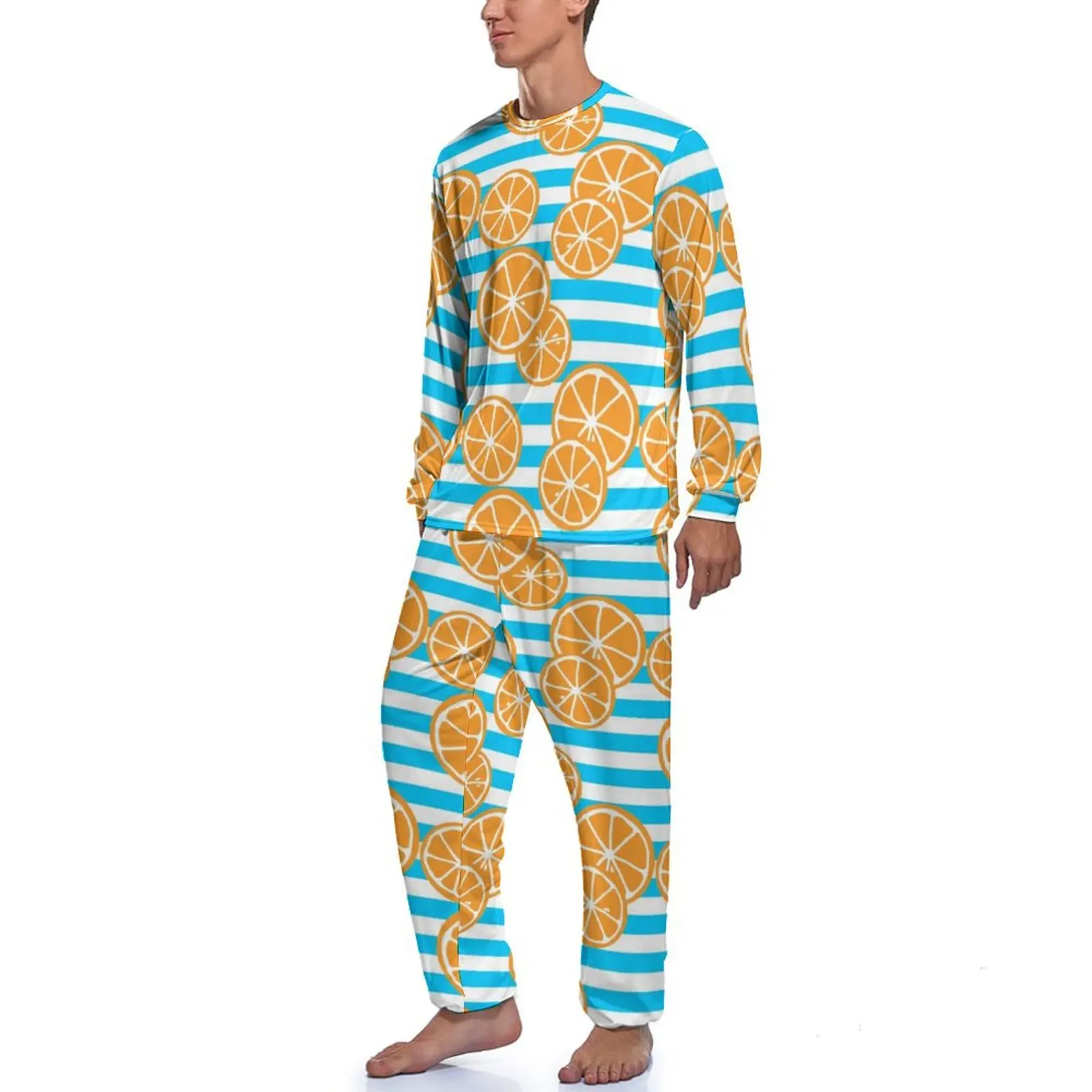 Oranges Slices Pajamas Daily Two Piece White and Blue Stripes Kawaii Pajama Sets Male Long Sleeve Night Design Home Suit