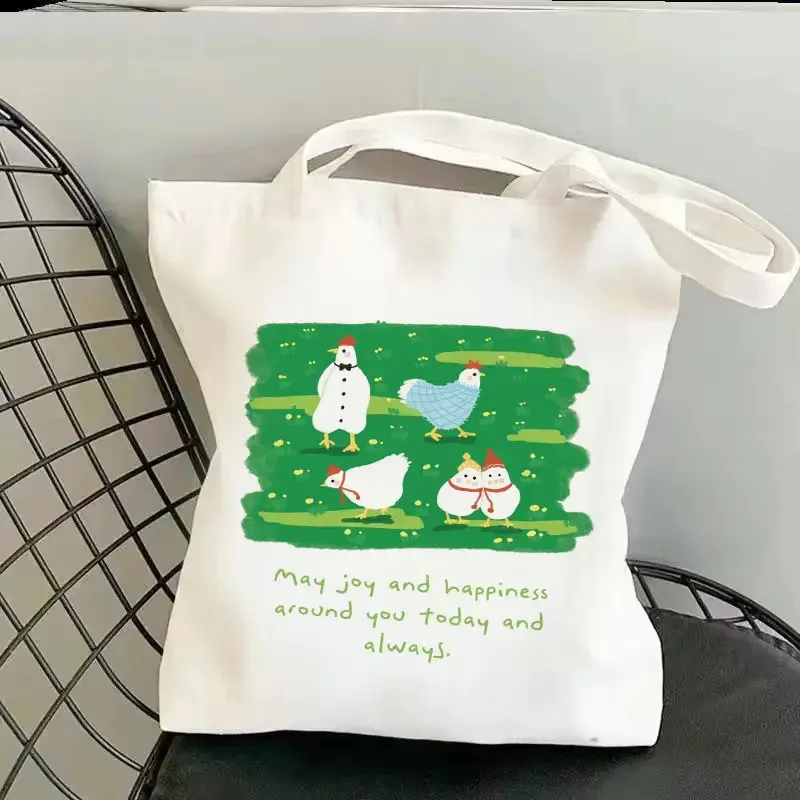 Cute Cartoon Chicken Family Canvas Tote Bag Green Grass Positive Quote Print Women Daily Shopping Shoulder Bag Reusable Shopping