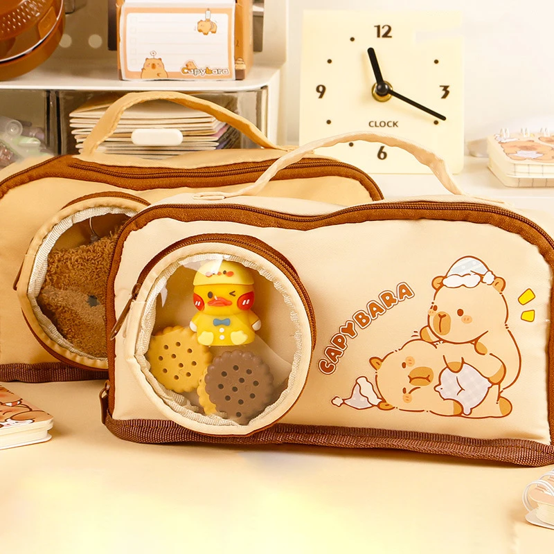 Cartoon Capybara Handheld Pencil Case Large Capacity Pencil Pouch Zippers Creative Stationery Storage Pencil Case School Supplie