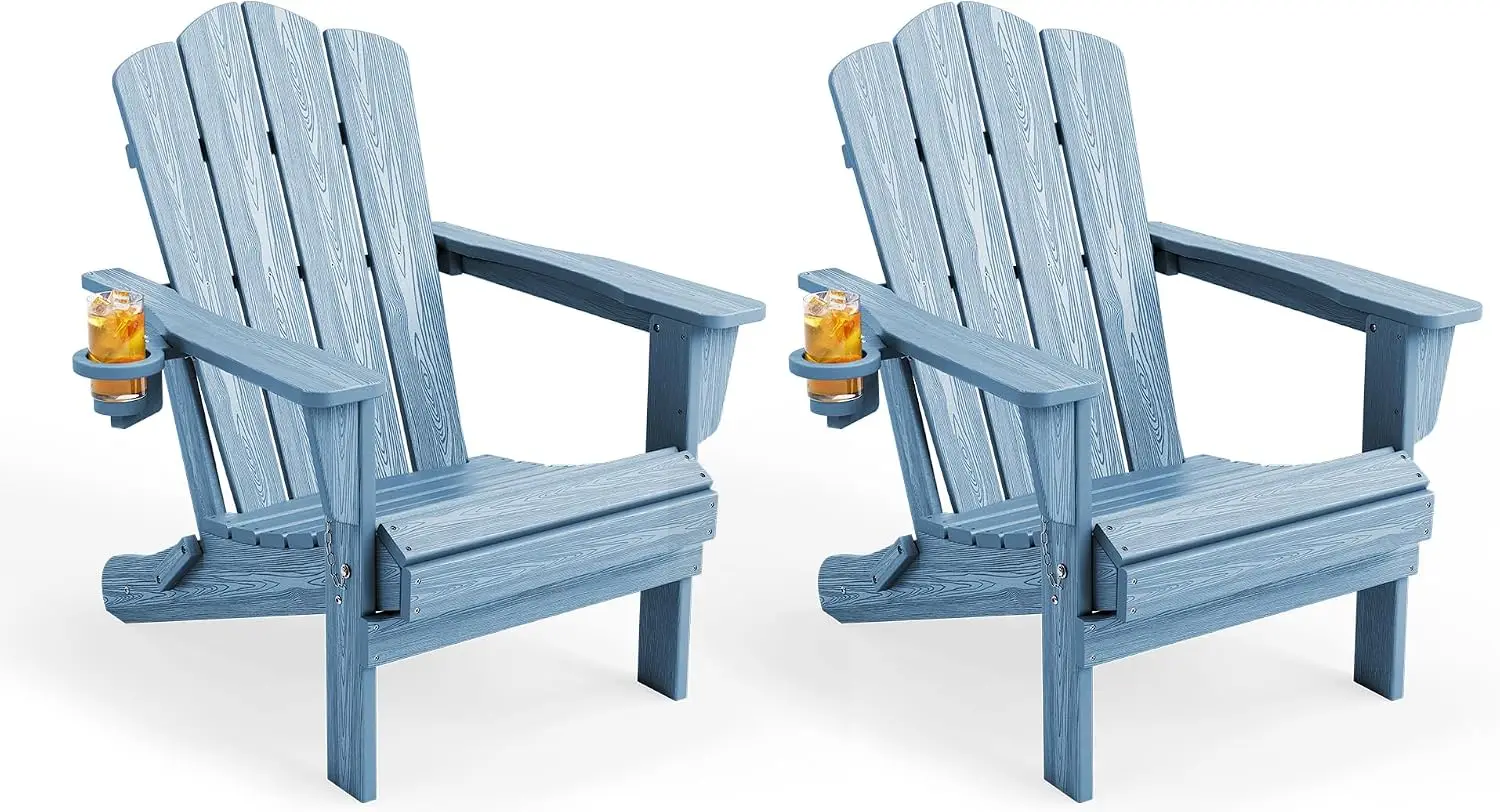 Folding Adirondack Chair Set Of 2 Outdoor All Weather Patio Chairs With Cup Holder Wooden Textured Lawn Chair Seating Furniture Unit For Backyard Poolside Deck Fire Pit, Light Blue