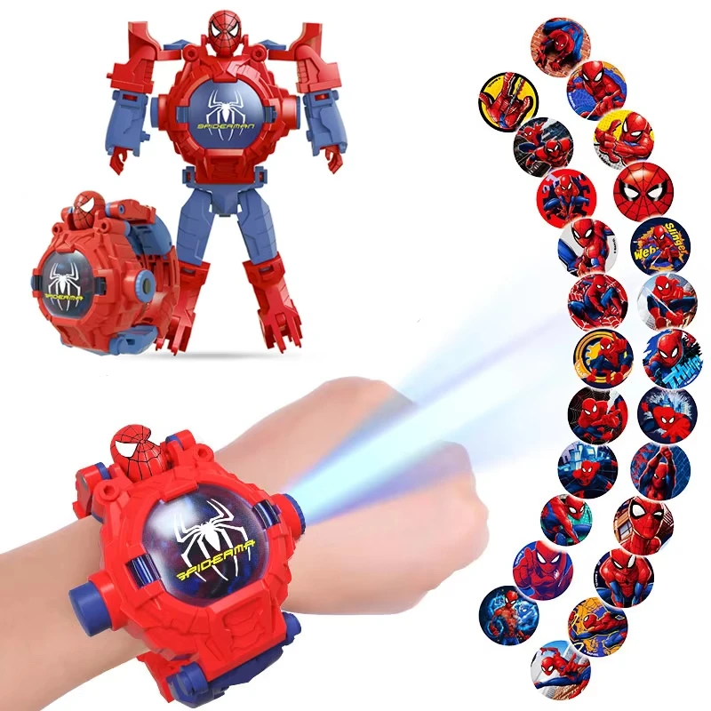 Disney Anime Iron Man 24 Projection Patterns Spiderman Children Watches for Boy Birthday Gift Deformation Robot Electronic Clock