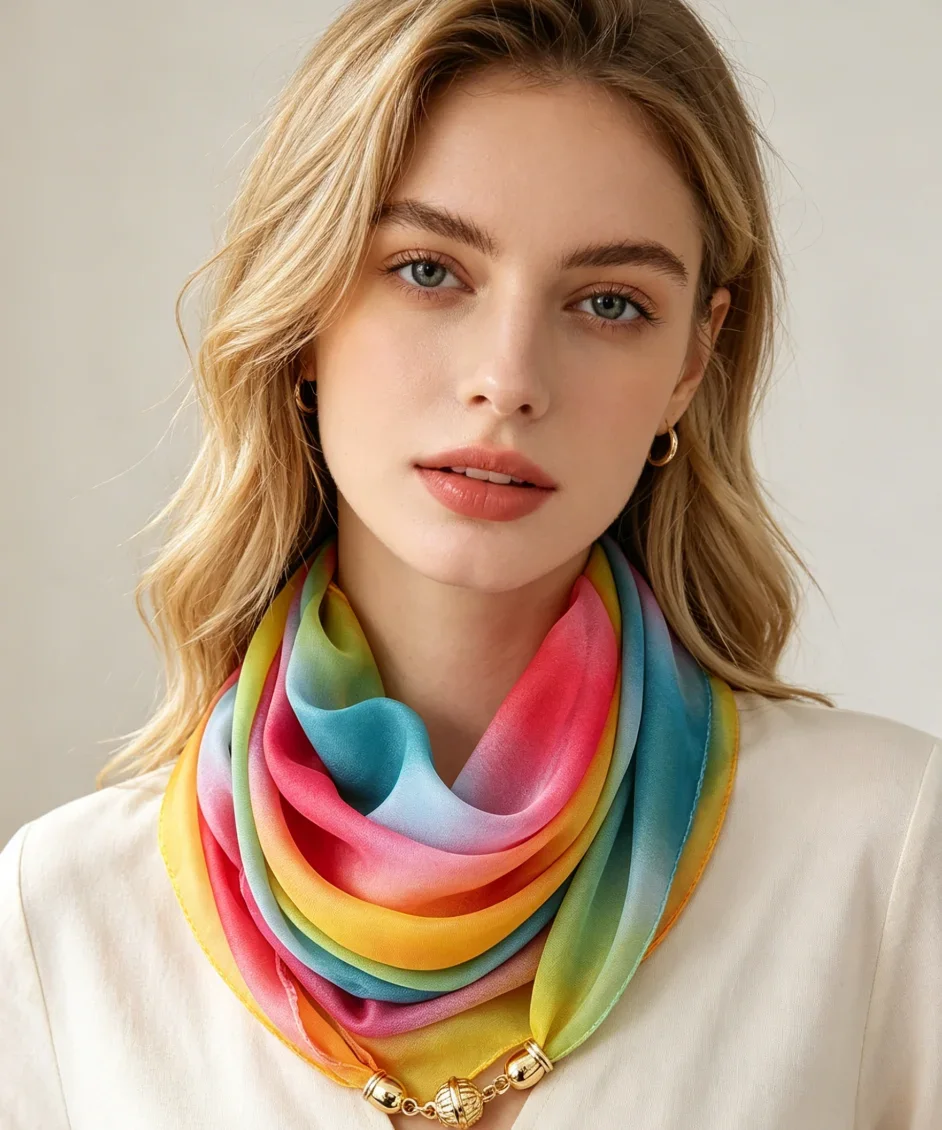 

Women's Chiffon Rainbow Scarf with Magnetic Buckle, Thin Sunscreen Neck Scarf for Summer & Air-Conditioned Room