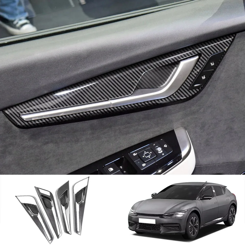 4Pcs Carbon Fiber Interior Mouldings Inner Door Handle Bowl Panel Decoration Cover Trim for KIA EV6 2021 2022 LHD