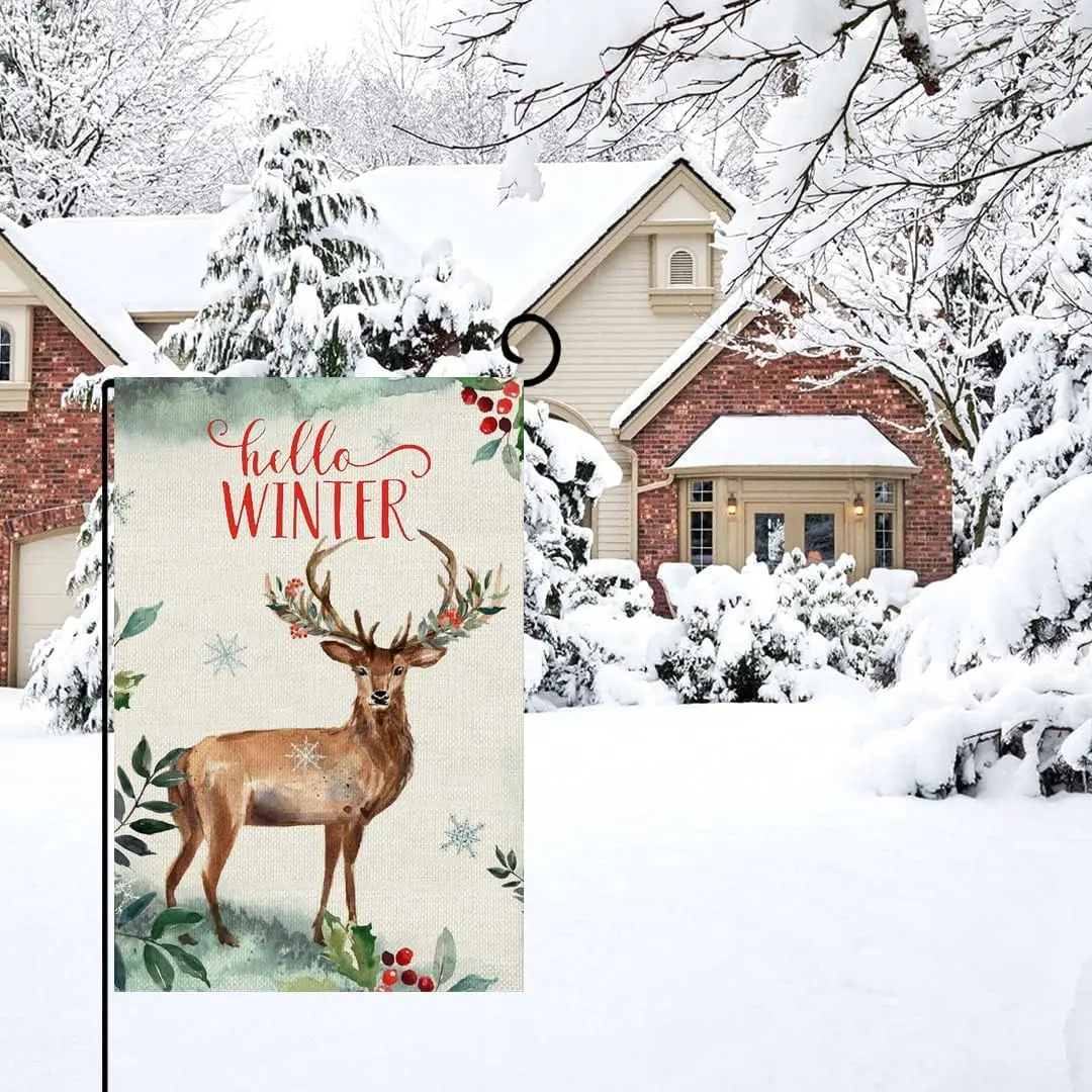Deer Hello Winter Garden Flag 12x18 Inch Double Sided,Animals Christmas Small Burlap Seasonal Holiday Yard Outdoor Decor CBD PPM