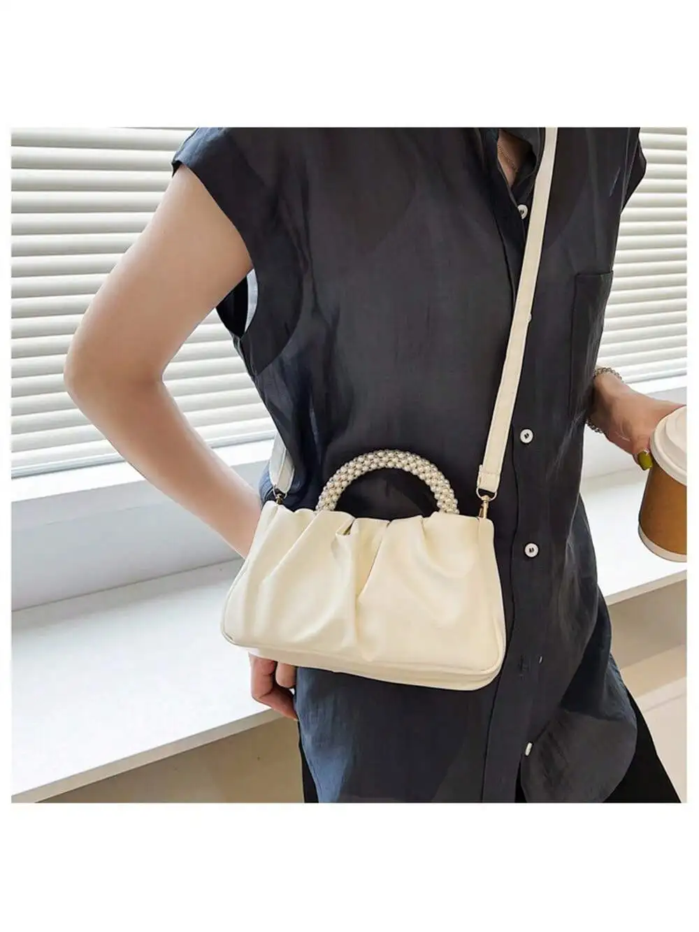 Fashion clutch bag Pearl Decoration Women\'s Bag Shoulder Small Square Bag Trend Pleated Handbag Casual Solid Color Crossbody Bag