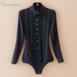 Monos Mujer Fashion OL Bodysuits Women 2023 Striped Design Chiffon Body Shirts Office Lady Tops Blouses Rompers Elegant Overalls