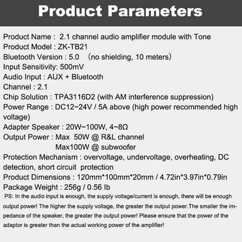 ZK-TB21 TPA3116D2 Bluetooth 5.0 Subwoofer Versterker Board 50WX2 + 100W 2.1 Kanaals Audio Stereo Versterker Board US Plug