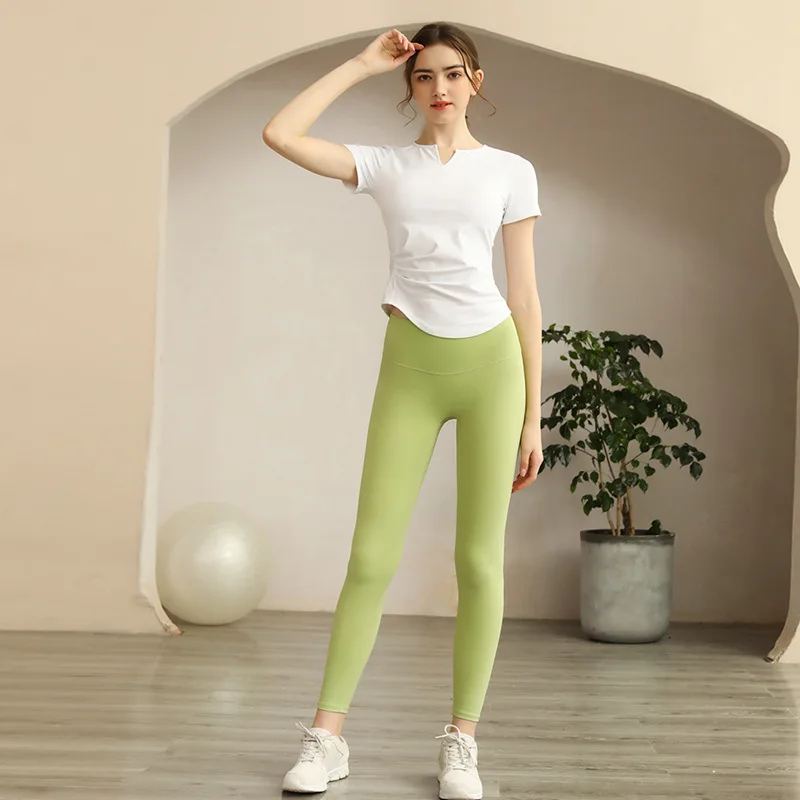 Quick Dry Women Gym Yoga Fitness Sports Suit Short Sleeve Shirt+High Waist Legging Breathable Crop Top Slim Pant Lift The Hips