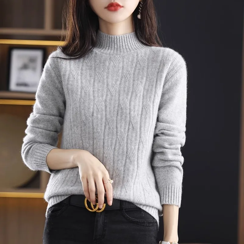 

Новинка 2025, осенне-зимний женский свободный универсальный свитер средней высоты, пуловер, свитер с утолщенным верхом