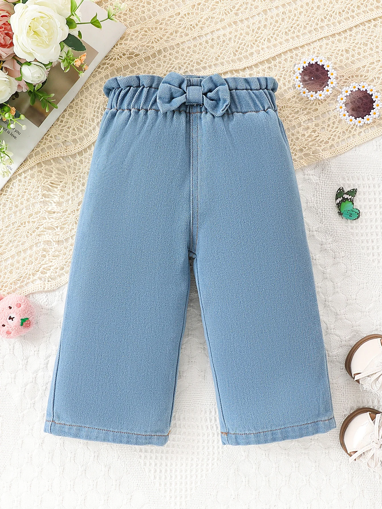 Girls Light Blue Drawstring Wide Leg Pants Casual Style Waist Drawstring Butterfly Knot Loose Wide Leg Fit Daily Comfortable