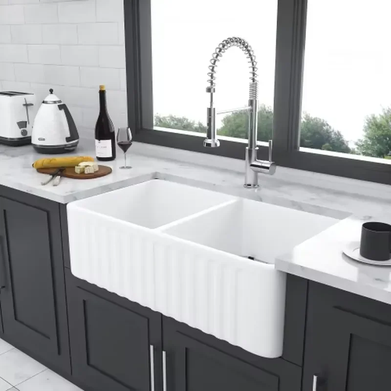 Modern Reversible Fireclay Porcelain Classic Apron Front Double Bowl Kitchen Sink Single Bowl 33x18 Basin White Farmhouse