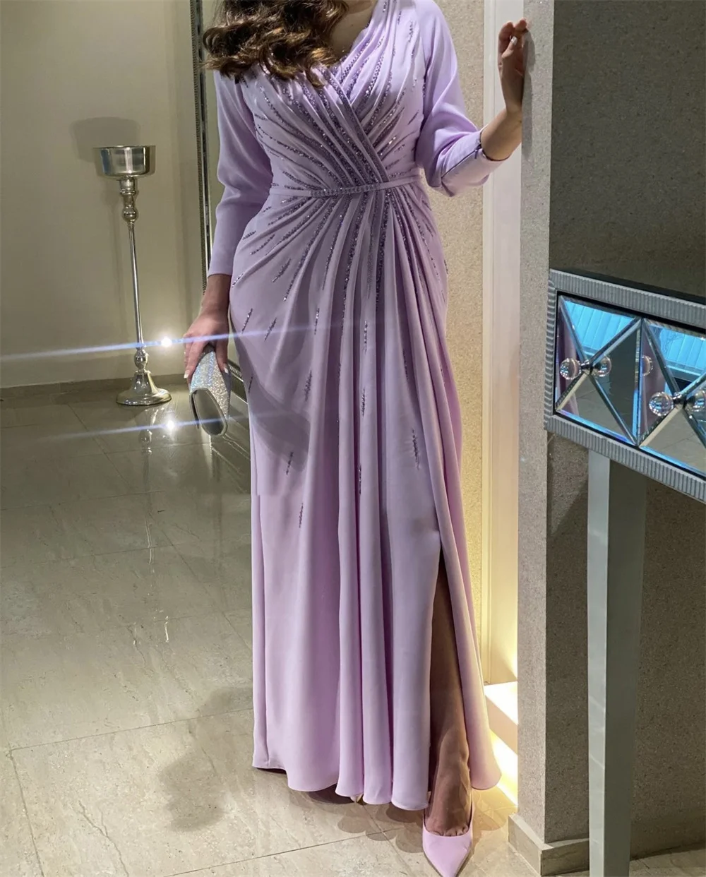 Annie Purple Long Sleeves Prom Dress Dubai Arab Ladies Evening Dresses Luxury Sequins Elegant Lady Party Dresses فساتين طويلة