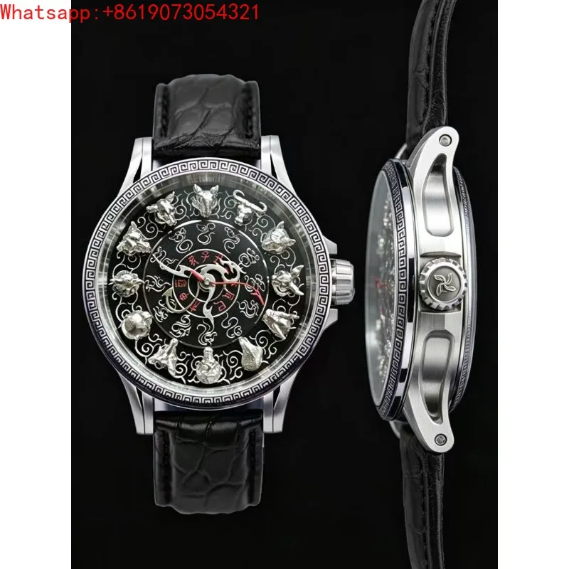 Chinese Han style retro zodiac micro-carving sterling silver beast head hour watch
