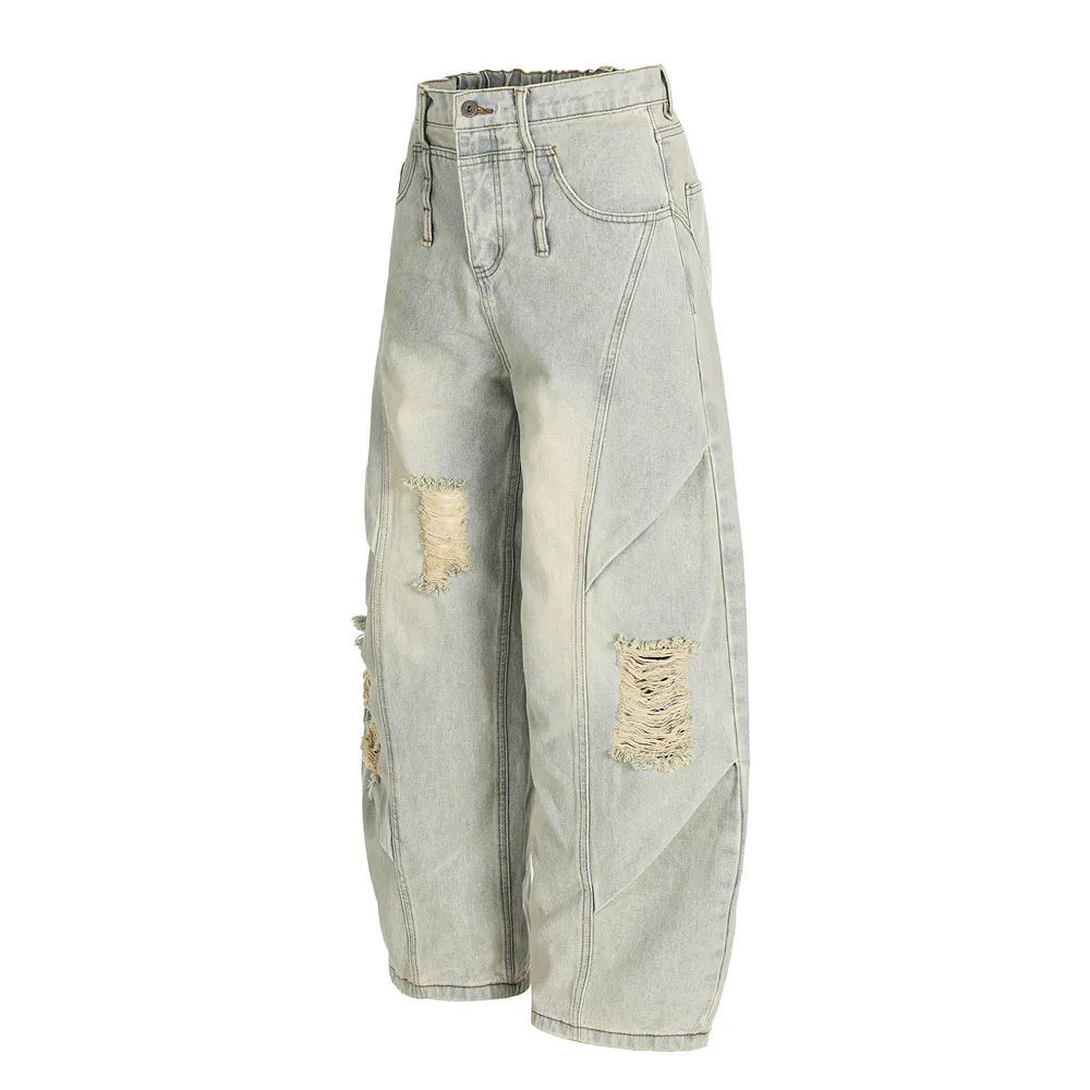 MWJLPWQ Ripped Washed Distressed Casual Jeans Men's Punk Deconstructed Pleated Design 2026 Autumn Loose Curved-Leg Pants 15104